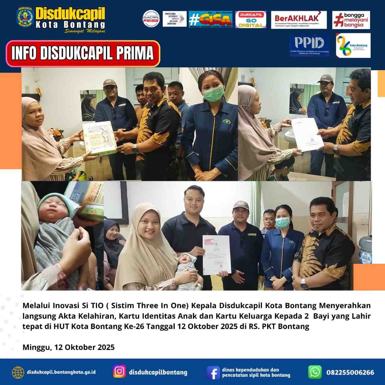 Spesial HUT ke-26 Kota Bontang, Dua Bayi Terima Dokumen Kependudukan Lengkap Melalui Inovasi Si TIO